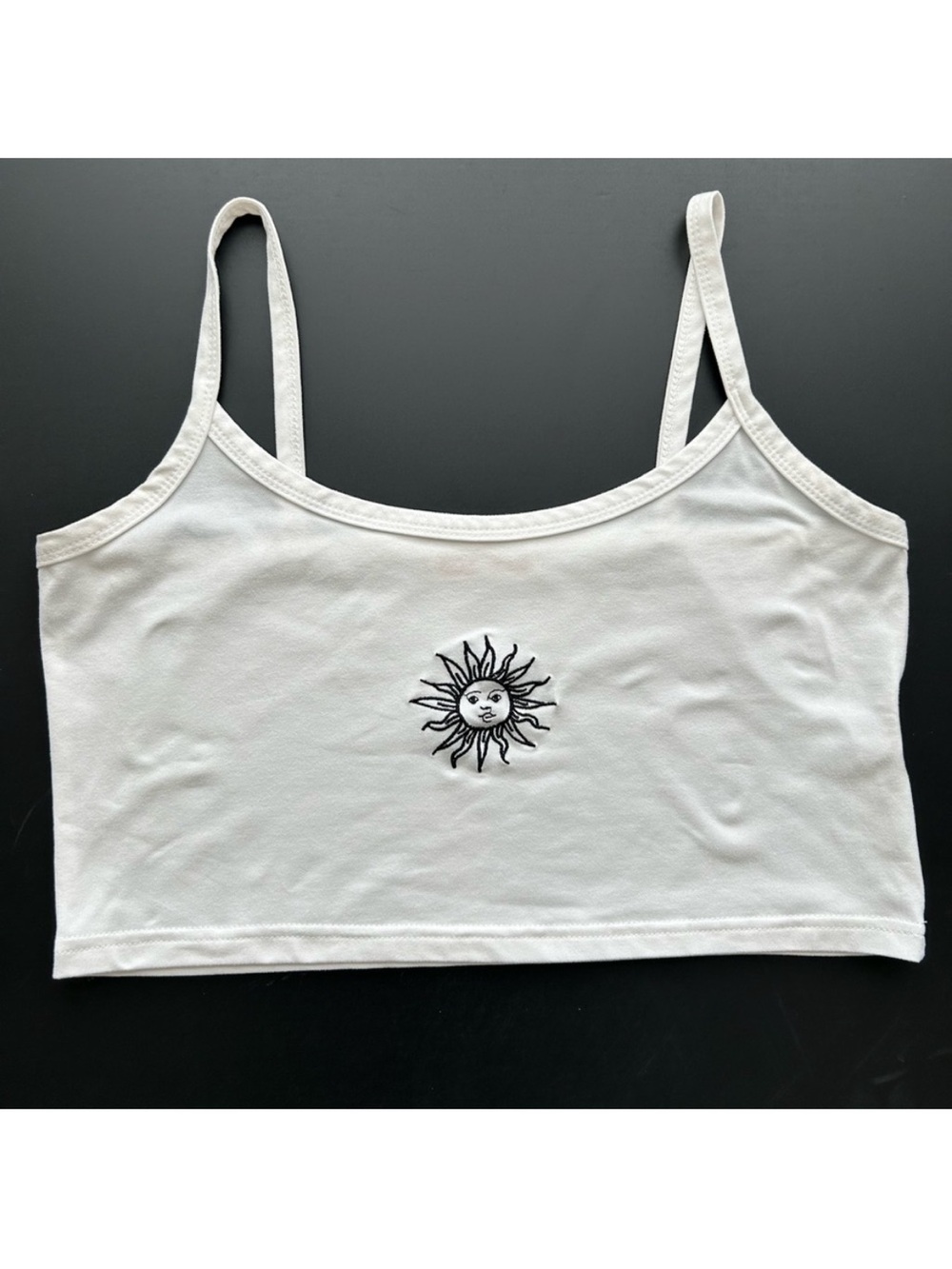 Women’s White Summer Cropped Top with Embroidered Sun